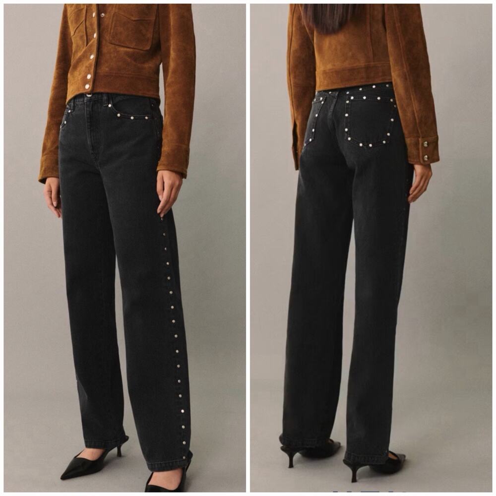 MNG Mango Studded Straight Leg Jeans Women US 6 Black High Rise NWT
